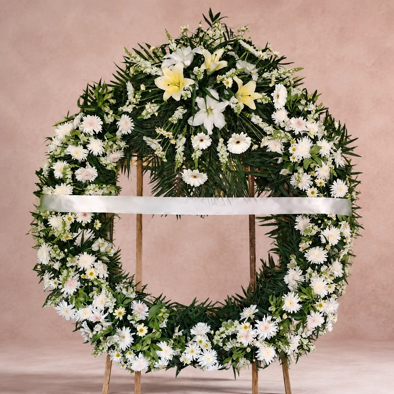 Corona fúnebre de lirios y crisantemos blancos - Florería Andrea Celaya